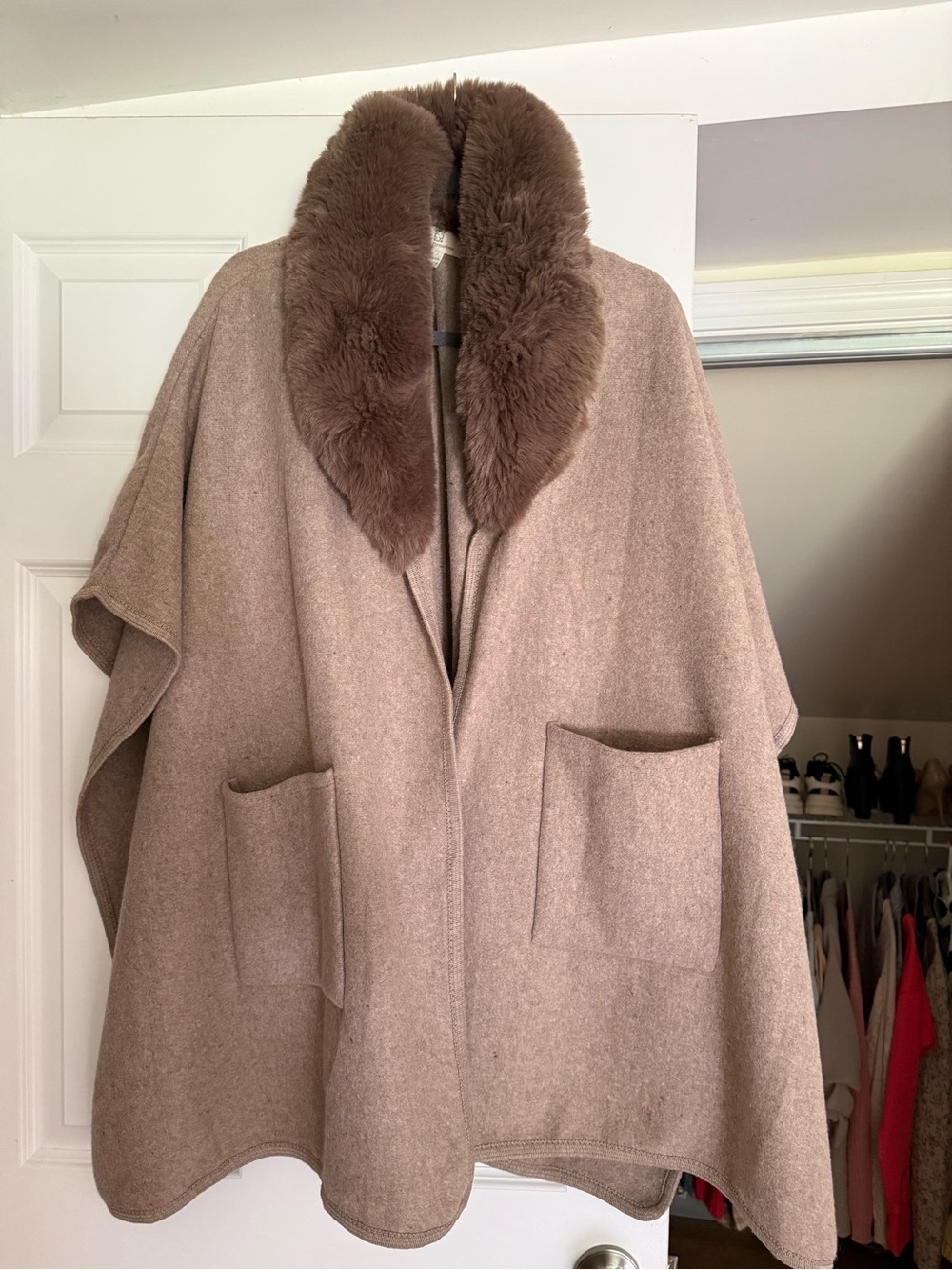 Pretty Persuasions Taupe Cape poncho with Faux-Fur Collar